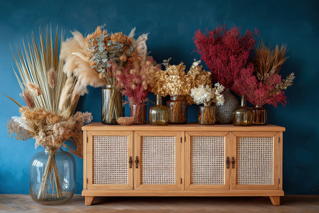 A beautiful contemporary design with bohemian flair. A wooden and rattan cabinet is adorned with an extensive collection of dried flowers and pampas grass bouquets.の素材