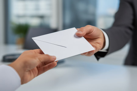 Close-up of two hands exchanging a sealed white envelope over a desk in a modern office, suggesting a confidential transaction, bonus, or message delivery.の素材
