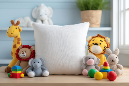 A playful contemporary design for a kids' room. A blank white pillow for mockup purposes is surrounded by adorable stuffed animal toys like a giraffe, lion, and elephant.の素材