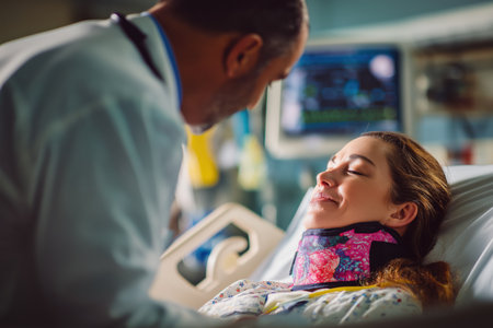 A female patient in a hospital bed wearing a cervical collar smiles peacefully as her doctor provides comfort and discusses her recovery from an accident.の素材