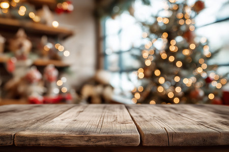 A rustic wooden table provides a foreground for a festive, out-of-focus Christmas scene with a decorated tree. This background is ideal for holiday product mockups.の素材