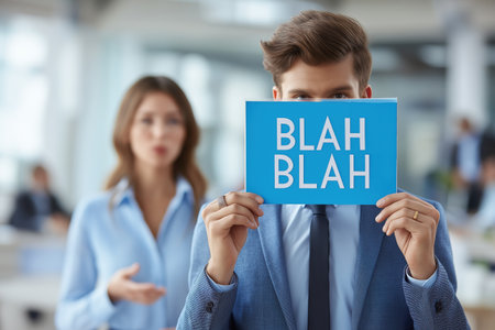 A man in a suit covers his face with a blue sign that says 'Blah Blah Blah', indicating boredom, meaningless conversation, or disagreement in an office.の素材