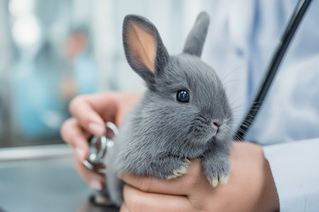 A close-up of a small, adorable gray rabbit being held gently by a veterinarian who is using a stethoscope to listen to its heartbeat during a check-up.の素材