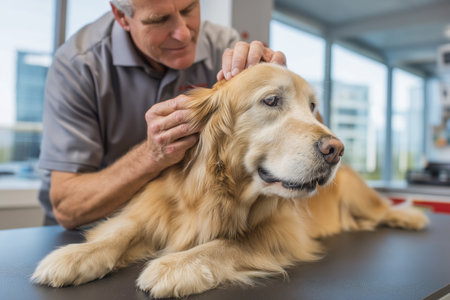 A kind, senior male veterinarian gently examines the ear of a calm Golden Retriever dog lying on an examination table in a bright, modern vet clinic.の素材