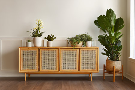 A bright and airy contemporary design. A beautiful wooden and rattan sideboard is decorated with a variety of fresh potted plants, creating a natural, calming vibe.の素材