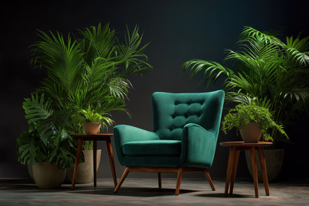A luxurious teal-colored armchair provides a bold pop of color in a dark, sophisticated room filled with green houseplants, creating a moody, modern vibe.の素材