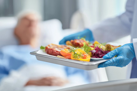 A medical caregiver provides nutritious food on a tray to a senior person resting in a hospital bed, focusing on patient care and hospital catering.の素材