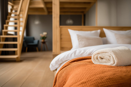 A close-up shot of a neatly rolled white towel on an orange blanket on a bed. The background shows a cozy, modern two-level bedroom with wooden elements.の素材