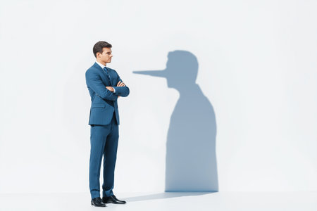 A man in a blue suit stands confidently with his arms crossed, but his shadow on the white wall has a long Pinocchio nose, representing a liar in business.の素材