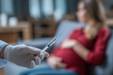 A medical professional holds a syringe, preparing to give an injection or vaccine to a pregnant woman who is sitting blurred in the background.の素材