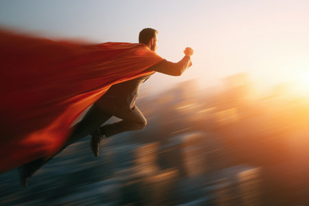 A powerful man in business attire with a flowing red superhero cape soars through the sky at sunset, symbolizing leadership, ambition, success, and speed.の素材