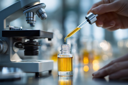 In a laboratory, a researcher carefully adds a drop of yellow essential oil or a chemical substance into a vial, with a microscope in the background.の素材