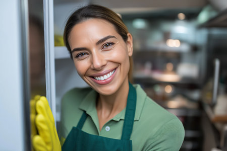 A beautiful woman from a cleaning service, wearing a green apron and yellow gloves, smiles warmly at the camera while leaning against a refrigerator.の素材