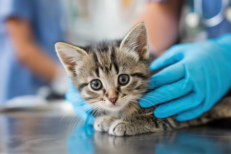 A tiny, adorable striped kitten looks at the camera while being held and examined by the caring hands of a vet during a check-up at an animal hospital.の素材
