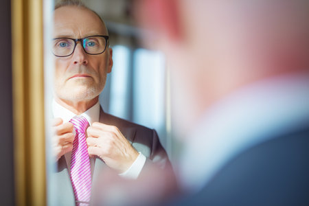 A serious and focused senior businessman in a sharp suit and glasses looks at his reflection in a mirror while carefully adjusting his pink tie.の素材