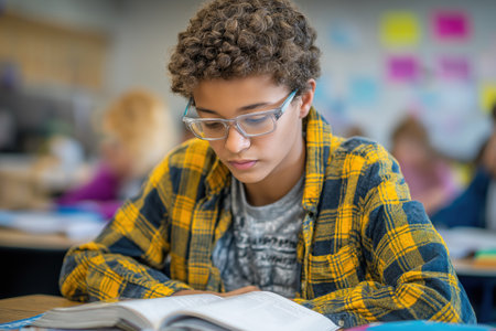 A smart, mixed-race teenage boy with curly hair and glasses is deeply focused on reading a textbook while sitting at his desk in a school classroom.の素材