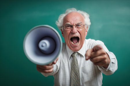 An expressive elderly male teacher or professor with wild white hair and glasses yells furiously through a megaphone, pointing directly at the camera.の素材