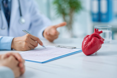 A doctor points to an electrocardiogram chart while talking to a patient, with a model of the human heart on the desk, during a cardiac consultation.の素材