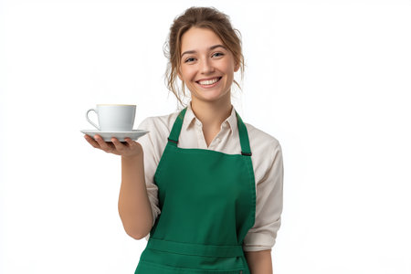 A cheerful and smiling young woman, working as a barista or waitress, wears a green apron and holds out a white cup and saucer, offering a hot drink.の素材
