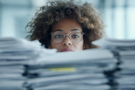A focused African American businesswoman with curly hair and glasses peers over huge piles of white documents, looking determined to tackle the workload.の素材