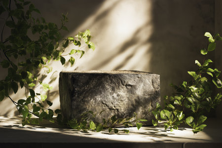A rough, dark stone block serves as a natural pedestal, surrounded by green vines with dramatic sunlight and shadows creating a contemporary, earthy showcase.の素材