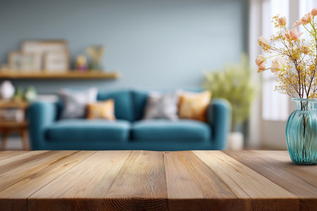 A detailed wooden tabletop is in sharp focus, ready for product placement. The background features a softly blurred, bright, and modern living room setting.の素材