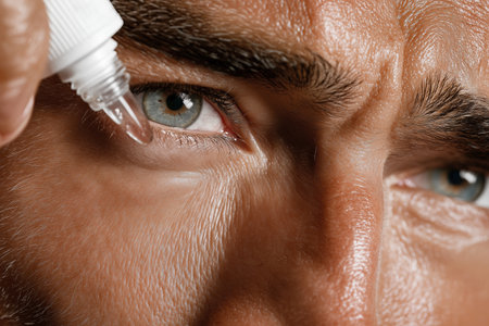 A detailed macro shot of a man's face as he tilts his head back and applies moisturizing eye drops from a bottle to his blue eye for relief.の素材