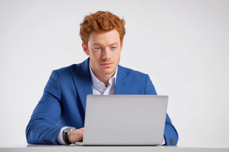 A focused and handsome man with ginger hair, wearing a stylish blue suit jacket, types on his laptop computer while sitting at a desk in a studio.の素材