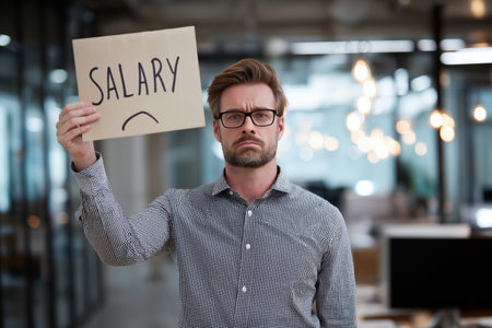 A frustrated and disappointed male employee stands in a modern office holding a cardboard sign with the word 'Salary' and a drawn sad smiley, demanding a raise.の素材