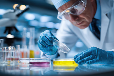 An experienced male researcher in a lab coat and protective gloves carefully inspects a sample on a glass petri dish in a well-equipped, blue-lit lab.の素材