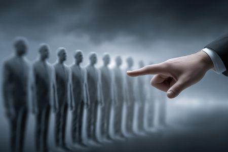 A concept of leadership and recruitment, with a businessman's hand pointing and choosing a candidate from a blurred, anonymous line of people.の素材