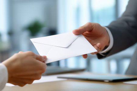 A close-up of a man in a business suit giving a white envelope to another person in a discreet manner, suggesting a bribe, secret payment, or confidential letter.の素材