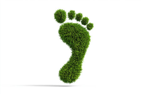 An isolated 3D render of a bare footstep created from lush green grass on a white background, representing eco-friendly living and environmental impact.の素材