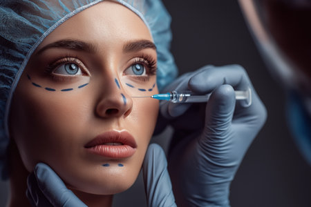 A close-up of a beautiful woman with blue eyes getting a cosmetic injection in her nose. A surgeon's gloved hand holds the syringe for the procedure.の素材