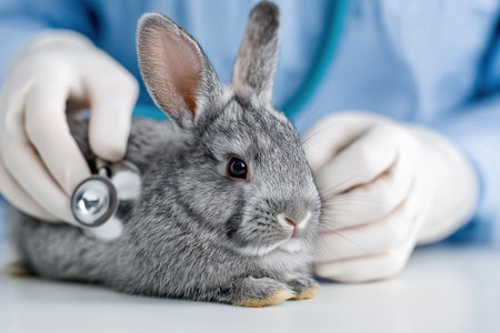 A veterinarian in white gloves carefully listens to the heartbeat of a cute, fluffy gray rabbit with a stethoscope during a check-up at the animal clinic.の素材
