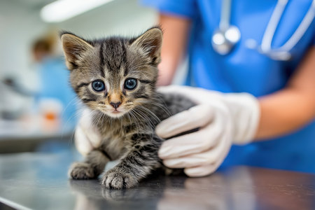 A veterinarian in a blue uniform and white gloves gently holds and examines an adorable tabby kitten with big blue eyes on a metal table in a vet clinic.の素材