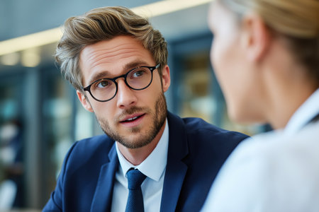 A close-up of a handsome young businessman with glasses and a beard, listening intently to a female colleague during a serious business conversation in the office.の素材