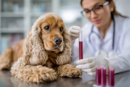 A female veterinarian carefully takes a blood sample from a calm Cocker Spaniel dog, holding up a test tube of blood for analysis in a veterinary clinic.の素材