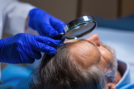 A trichologist in blue gloves uses a magnifying glass for a detailed examination of a senior man's scalp to diagnose the cause of his hair loss or baldness.の素材