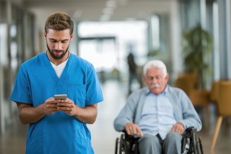 A young male nurse in scrubs is distracted by his smartphone, ignoring an elderly man in a wheelchair in the background of a hospital or nursing home hallway.の素材