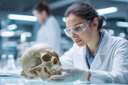 A focused woman scientist in a lab coat and safety goggles carefully studies a human skull, conducting research in archeology, anthropology, or forensics.の素材
