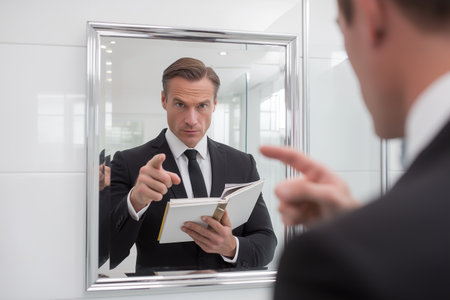 A confident businessman holds a book and points at his own reflection in the mirror, symbolizing self-motivation, confidence, and personal development.の素材