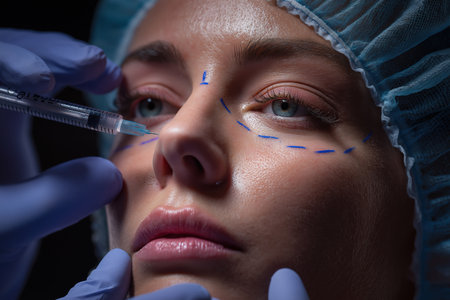 A close-up of a patient undergoing a cosmetic procedure, with a surgeon's gloved hands administering a filler or botox injection near the eye to treat wrinkles.の素材
