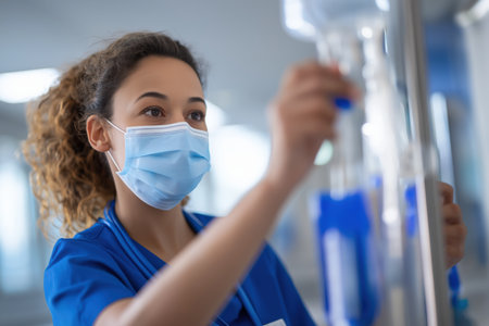 A young female nurse with curly hair, wearing a protective face mask and blue scrubs, is focused on preparing an IV drip with a blue solution in a hospital.の素材