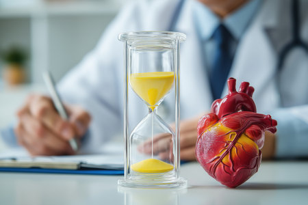 A concept image showing the urgency of heart health, with an hourglass, anatomical heart model, and a doctor writing a prescription in the background.の素材