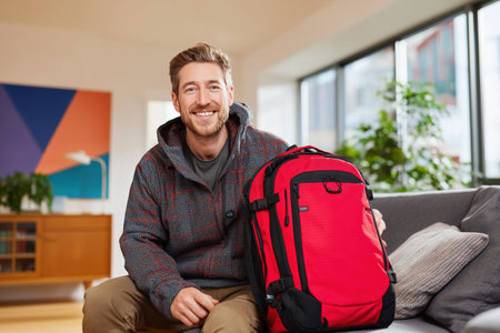 A smiling, friendly man in a hoodie sits on a couch in a modern living room, holding a large red travel backpack, ready for an adventure or trip.の素材