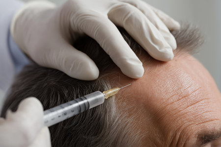A close-up of a man's forehead and scalp receiving an injection for hair loss. A doctor's gloved hands hold a syringe to perform the mesotherapy procedure.の素材
