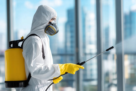 A professional in a full protective hazmat suit and respirator mask sprays a disinfectant or pesticide inside a modern office building with large windows.の素材