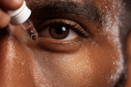 A macro shot of a young black man's eye as he applies hydrating eye drops from a pipette to relieve dryness, irritation, or fatigue from his eyes.の素材
