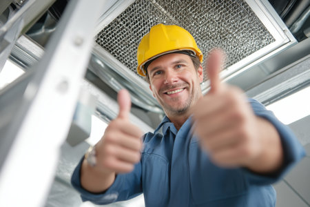 A happy and satisfied construction worker in a blue uniform and yellow hard hat smiles at the camera from a low angle, giving two thumbs up for a job well done.の素材
